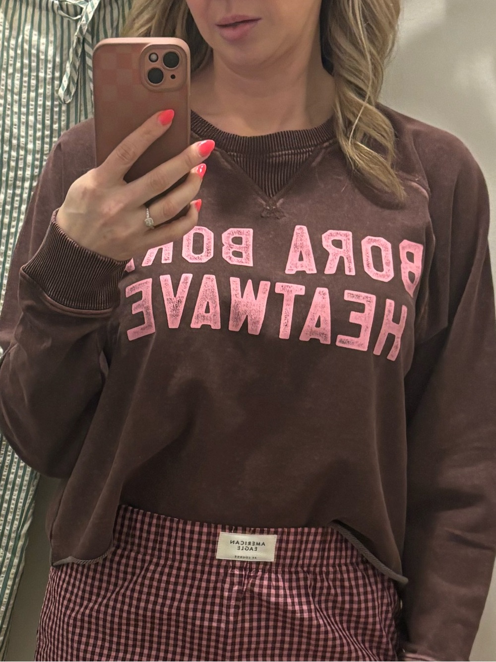 American Eagle Outfitters Brown Pullover Sweatshirt with Pink Lettering